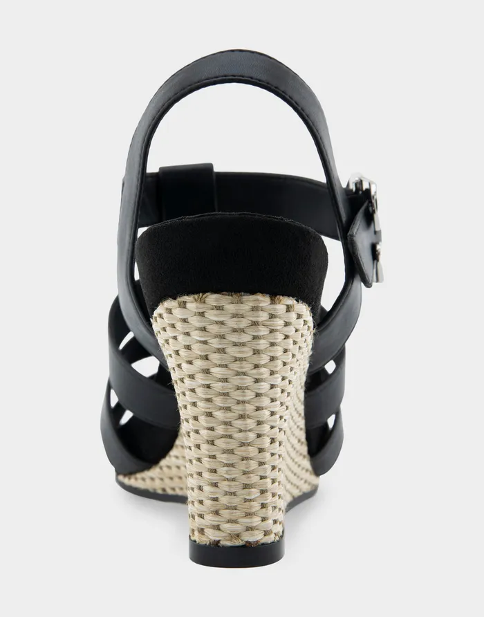 Women Aerosoles Wedges Comfortable Caged Footbed Wedge Sandal In Black Faux Leather