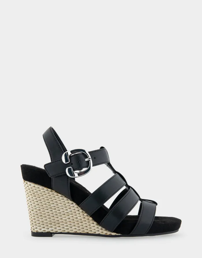 Women Aerosoles Wedges Comfortable Caged Footbed Wedge Sandal In Black Faux Leather