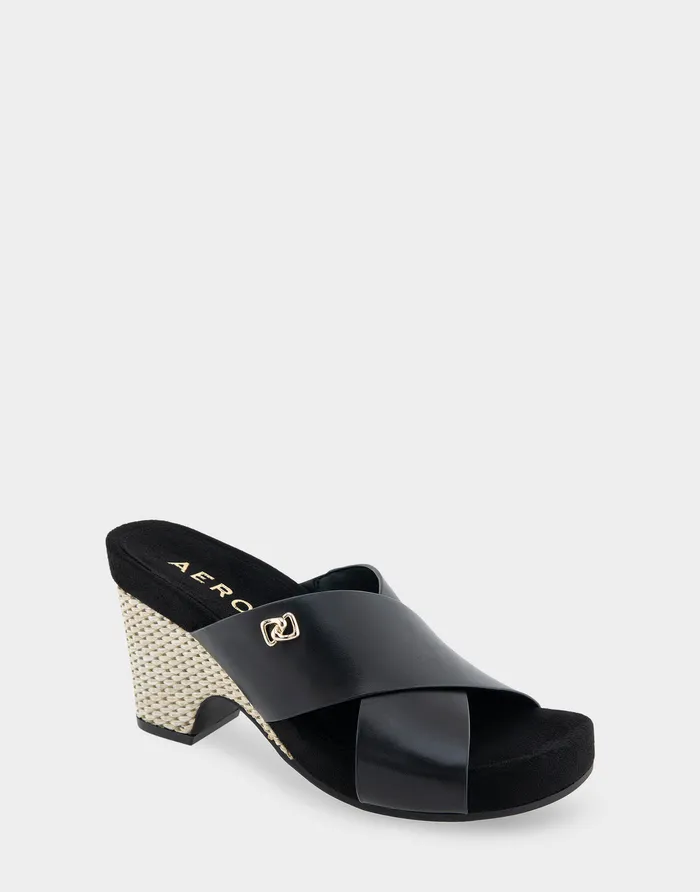 Women Aerosoles Wedges Comfortable Crisscross Footbed Wedge Sandal In Black Leather
