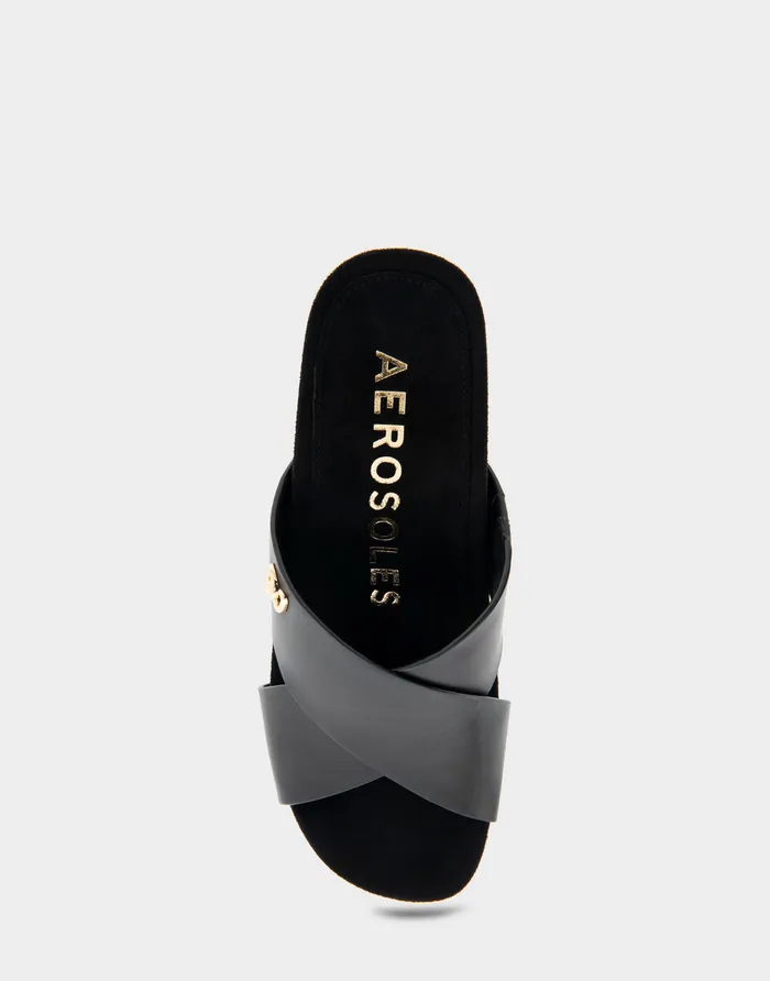 Women Aerosoles Wedges Comfortable Crisscross Footbed Wedge Sandal In Black Leather