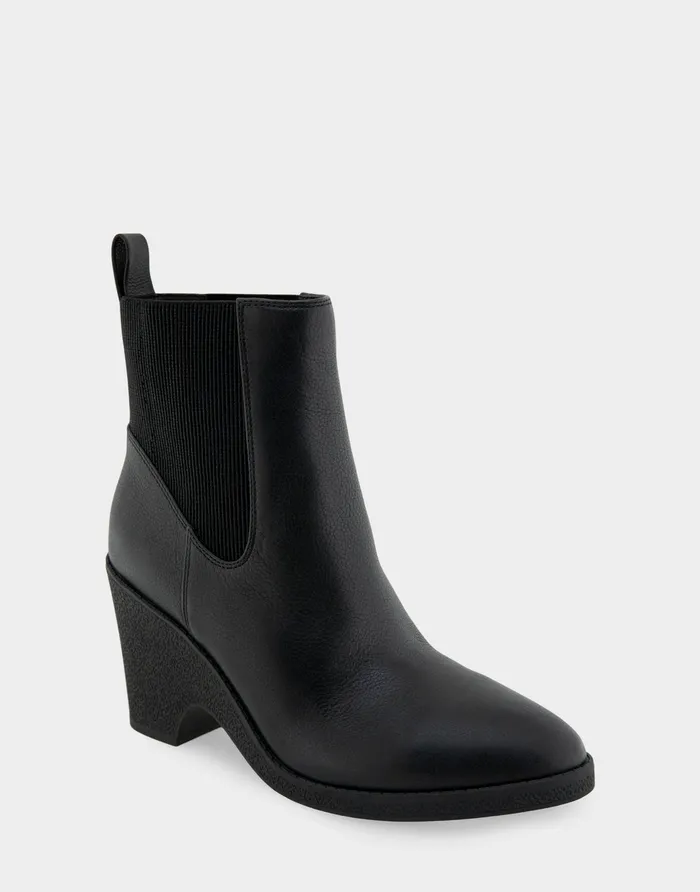 Women Aerosoles Wedges Comfortable Gored Sculpted Wedge Crepe Heel Bootie In Black Leather Leather Women Aerosoles Wedges Comfortable Gored Sculpted Wedge Crepe Heel Bootie In Black Leather Leather