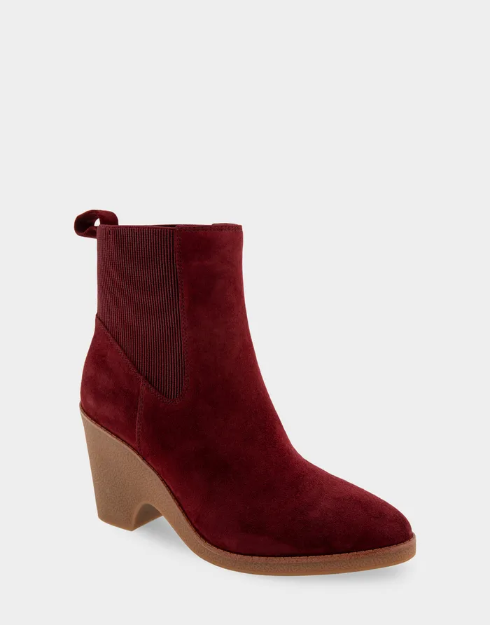 Women Aerosoles Wedges Comfortable Gored Sculpted Wedge Crepe Heel Bootie In Burgundy Suede Suede Women Aerosoles Wedges Comfortable Gored Sculpted Wedge Crepe Heel Bootie In Burgundy Suede Suede