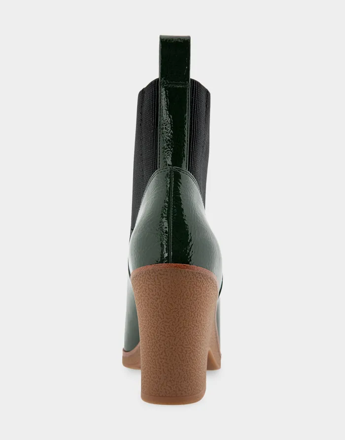 Women Aerosoles Wedges Comfortable Gored Sculpted Wedge Crepe Heel Bootie In Fir Green Crinkled Patent Faux Leather Patent Faux Leather