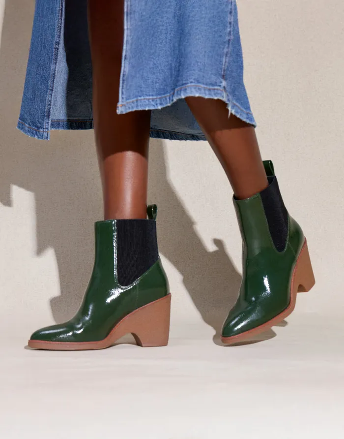 Women Aerosoles Wedges Comfortable Gored Sculpted Wedge Crepe Heel Bootie In Fir Green Crinkled Patent Faux Leather Patent Faux Leather