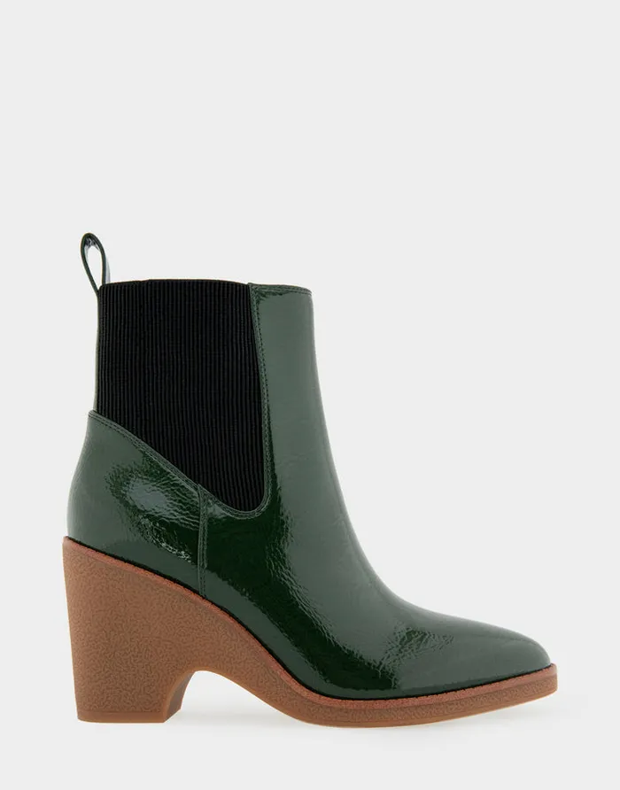 Women Aerosoles Wedges Comfortable Gored Sculpted Wedge Crepe Heel Bootie In Fir Green Crinkled Patent Faux Leather Patent Faux Leather