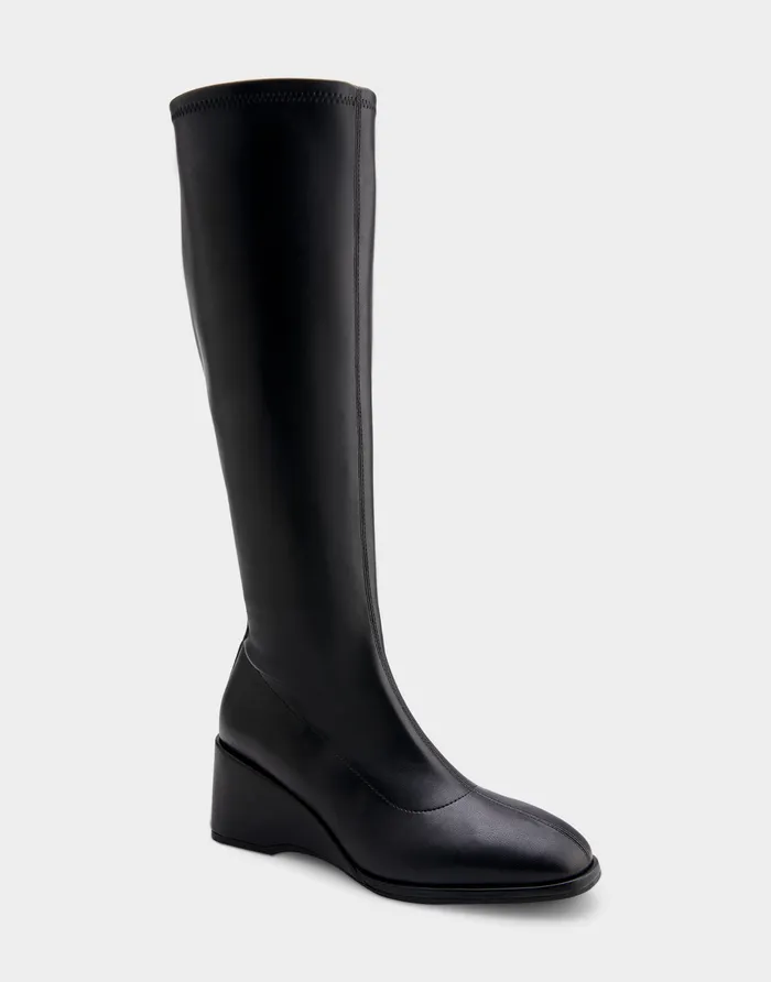 Women Aerosoles Wedges Comfortable Stretch Knee High Sculpted Wedge Boot In Black Stretch Faux Leather Faux Leather Women Aerosoles Wedges Comfortable Stretch Knee High Sculpted Wedge Boot In Black Stretch Faux Leather Faux Leather