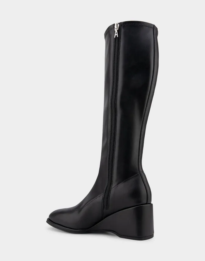 Women Aerosoles Wedges Comfortable Stretch Knee High Sculpted Wedge Boot In Black Stretch Faux Leather Faux Leather