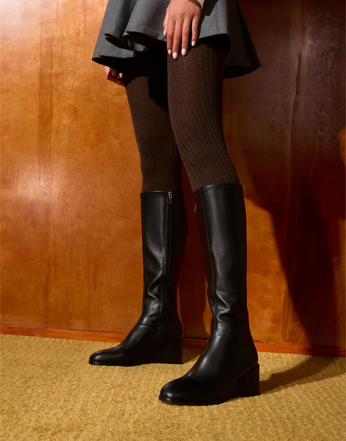 Women Aerosoles Wedges Comfortable Stretch Knee High Sculpted Wedge Boot In Black Stretch Faux Leather Faux Leather