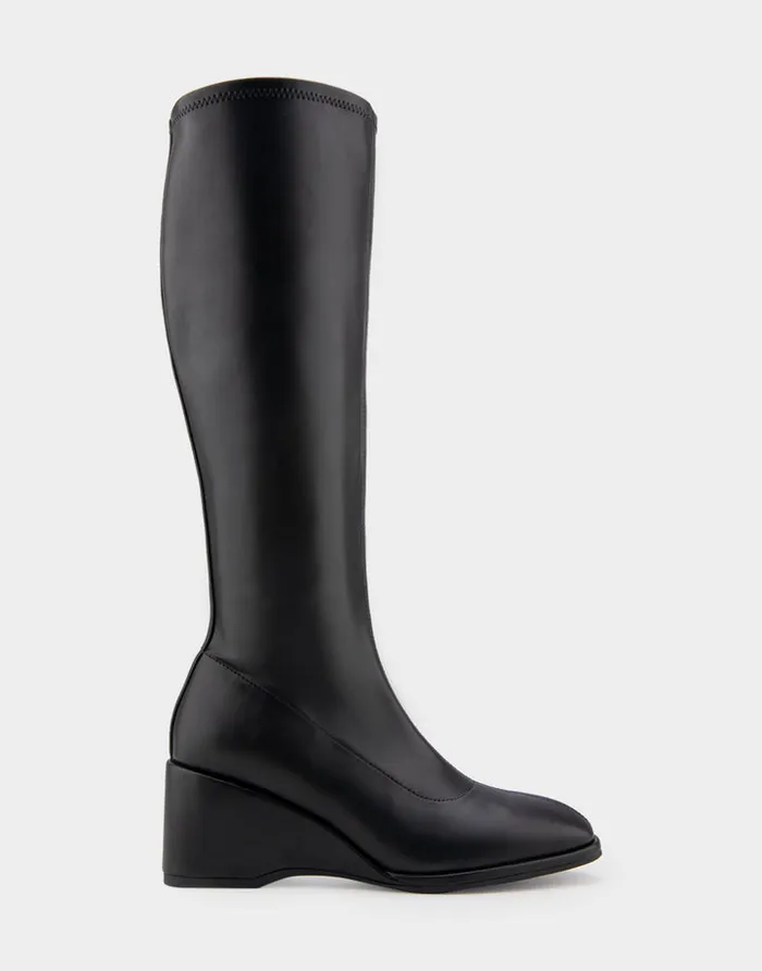 Women Aerosoles Wedges Comfortable Stretch Knee High Sculpted Wedge Boot In Black Stretch Faux Leather Faux Leather