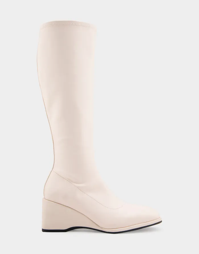 Women Aerosoles Wedges Comfortable Stretch Knee High Sculpted Wedge Boot In Eggnog Stretch Faux Leather Faux Leather