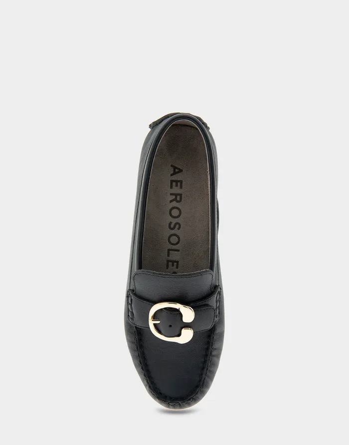 Women Aerosoles Wide Width Flats Comfortable Ornamented Driver In Black Leather
