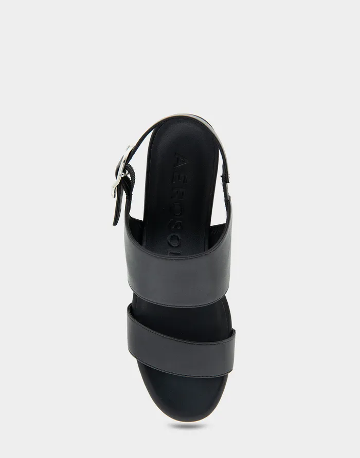 Women Aerosoles Wide Width Sandals Comfortable Buckle Back Mid Wedge Sandal In Black Faux Leather