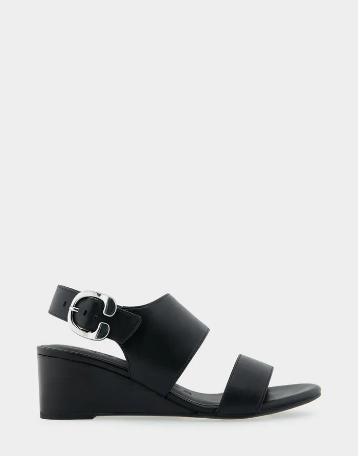 Women Aerosoles Wide Width Sandals Comfortable Buckle Back Mid Wedge Sandal In Black Faux Leather