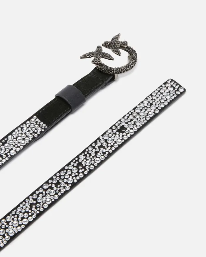 Women Belts Pinko Thin Belt With Rhinestones And Love Birds Buckle 2 Cm Blackold Silver Women Belts Pinko Thin Belt With Rhinestones And Love Birds Buckle 2 Cm Blackold Silver