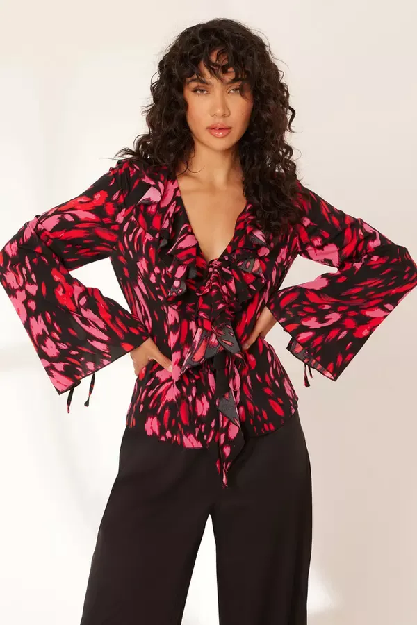 Women Black Animal Print Tie Blouse Quiz Clothing Going Out