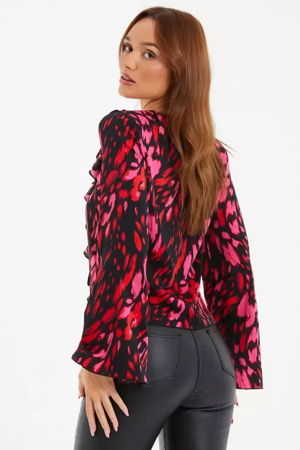 Women Black Animal Print Tie Blouse Quiz Clothing Going Out