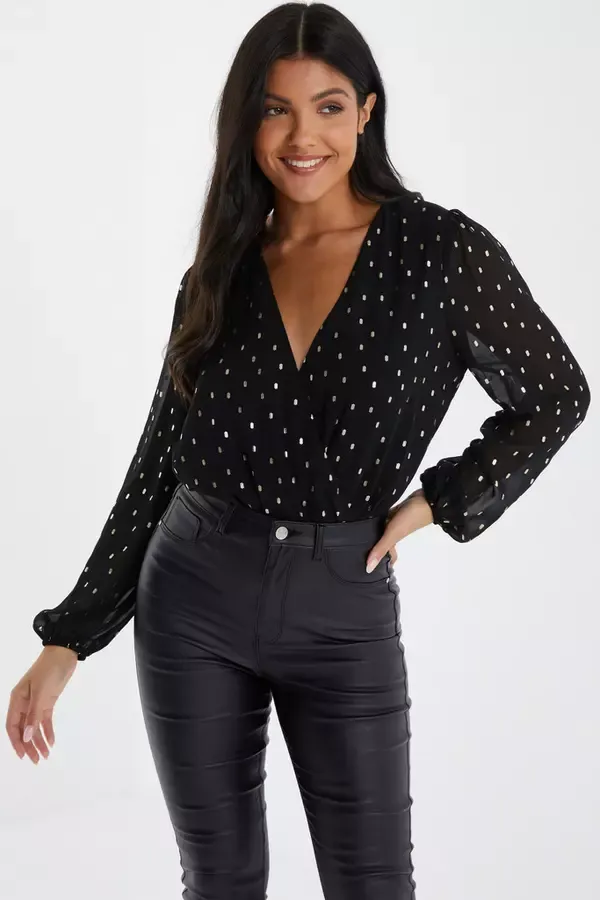 Women Black Chiffon Foil Wrap Bodysuit Quiz Clothing Going Out