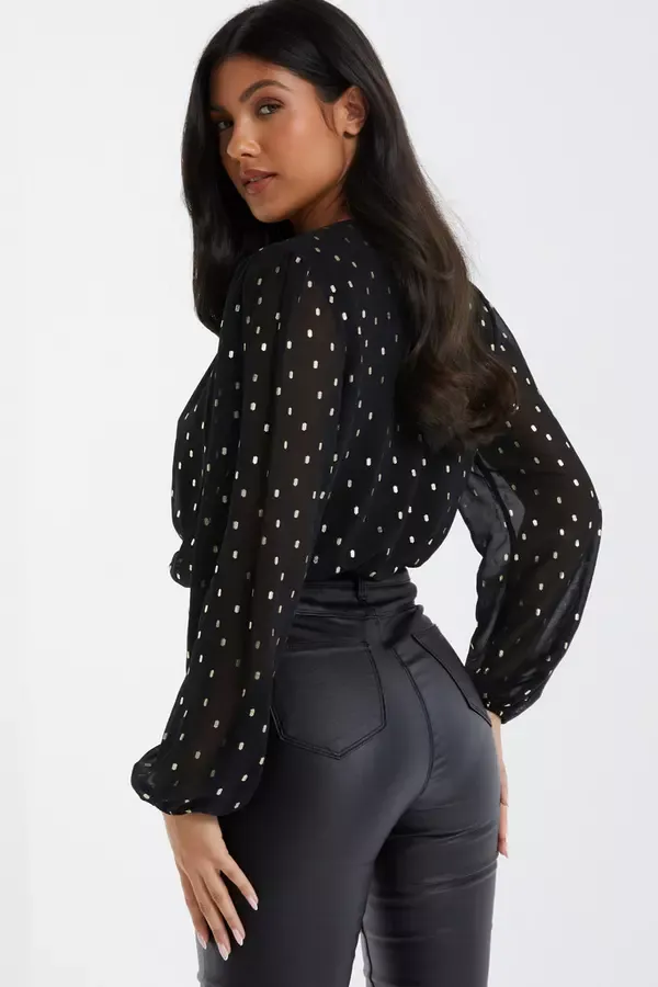 Women Black Chiffon Foil Wrap Bodysuit Quiz Clothing Going Out
