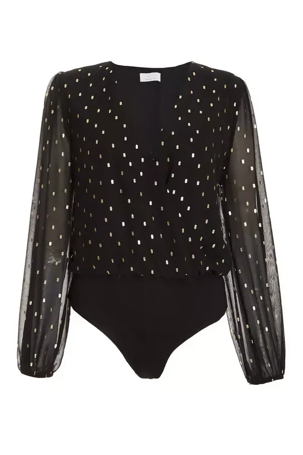 Women Black Chiffon Foil Wrap Bodysuit Quiz Clothing Going Out