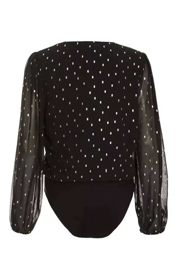 Women Black Chiffon Foil Wrap Bodysuit Quiz Clothing Going Out