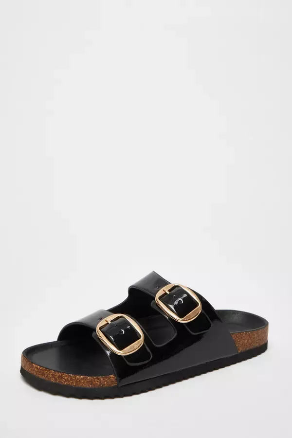 Women Black Double Buckle Sandals Quiz Clothing Flats