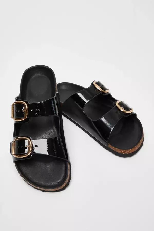 Women Black Double Buckle Sandals Quiz Clothing Flats
