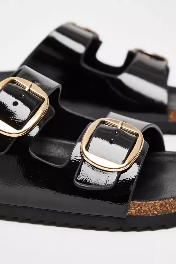 Women Black Double Buckle Sandals Quiz Clothing Flats