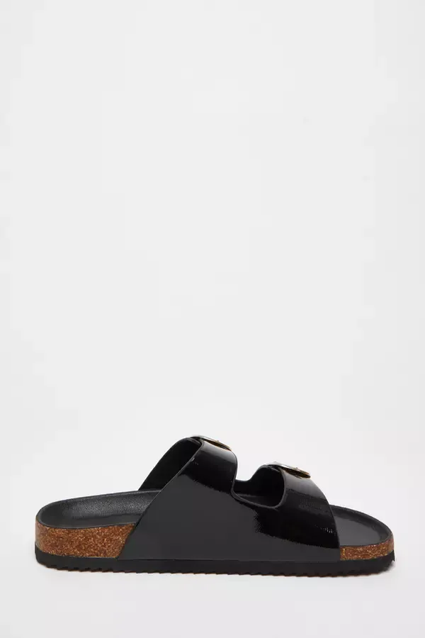 Women Black Double Buckle Sandals Quiz Clothing Flats