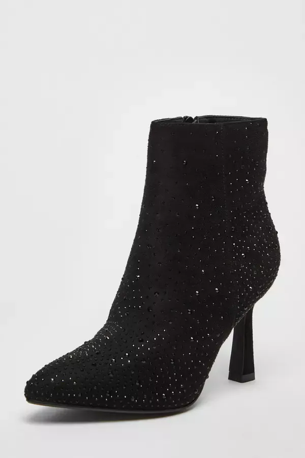Women Black Embellished High Heel Ankle Boots Quiz Clothing Ankle Boots
