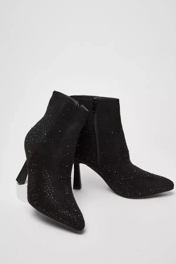 Women Black Embellished High Heel Ankle Boots Quiz Clothing Ankle Boots