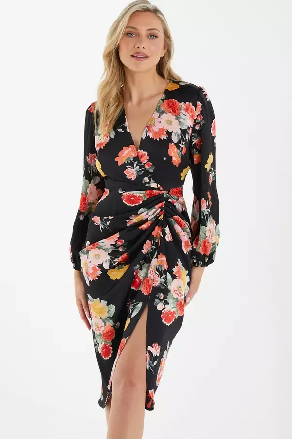 Women Black Floral Wrap Midi Dress Quiz Clothing Dresses