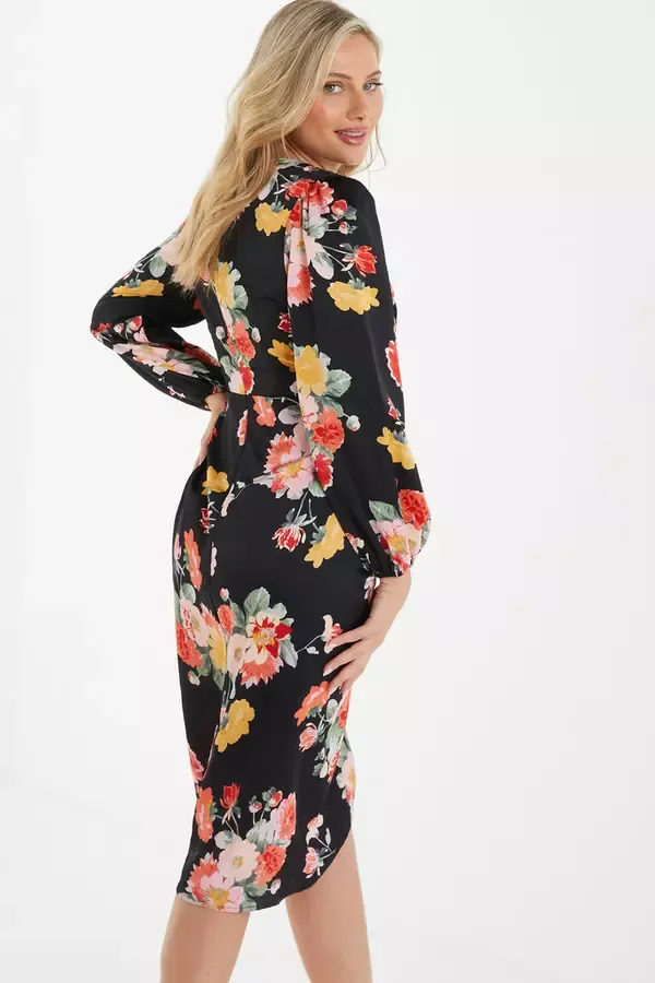 Women Black Floral Wrap Midi Dress Quiz Clothing Dresses