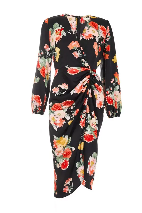 Women Black Floral Wrap Midi Dress Quiz Clothing Dresses