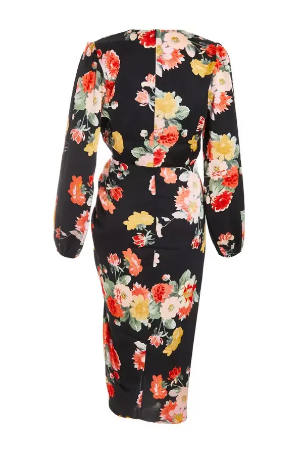 Women Black Floral Wrap Midi Dress Quiz Clothing Dresses