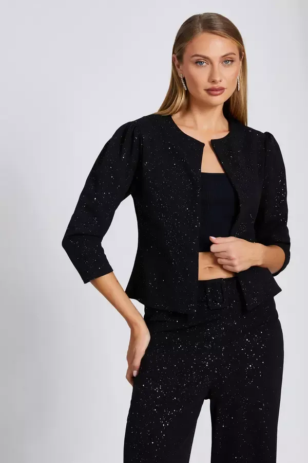 Women Black Glitter Cropped Jacket Quiz Clothing Jackets and Coats