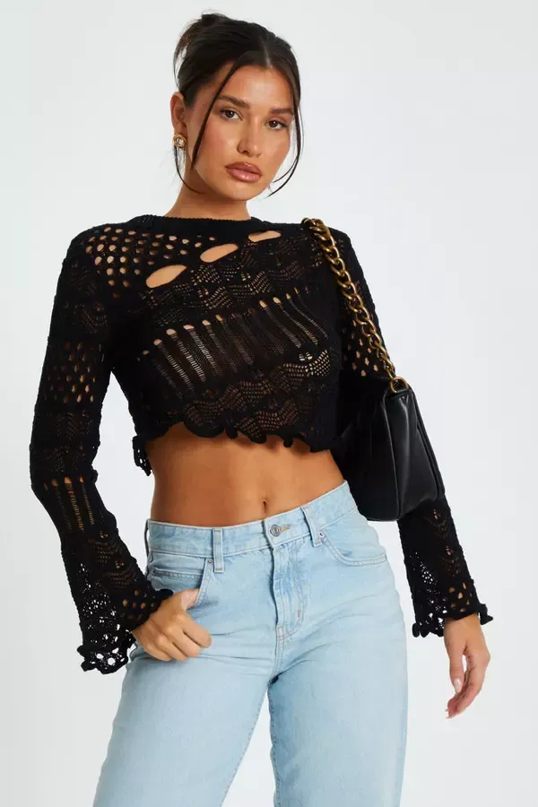 Women Black Knit Cut Out Crop Jumper Quiz Clothing Jumpers