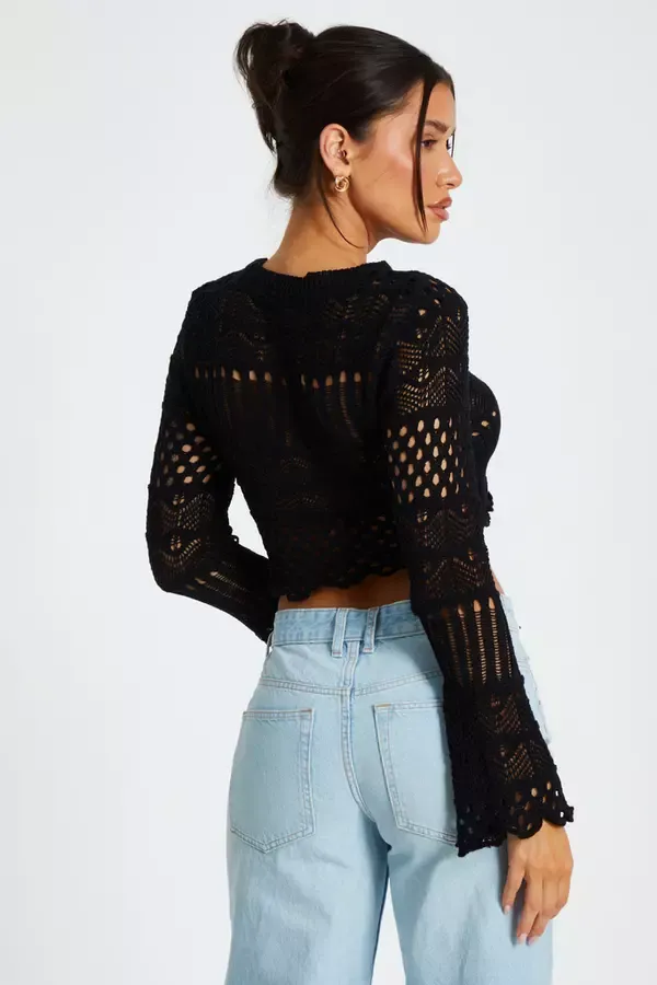Women Black Knit Cut Out Crop Jumper Quiz Clothing Jumpers