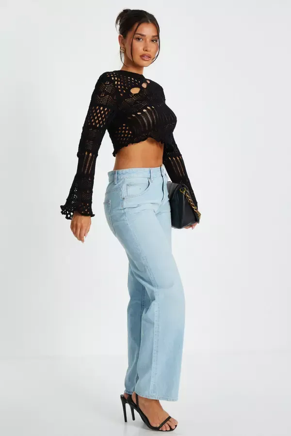 Women Black Knit Cut Out Crop Jumper Quiz Clothing Jumpers