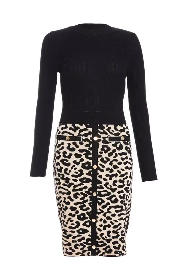 Women Black Knit Leopard Print Jumper Dress Quiz Clothing Casual Clothing