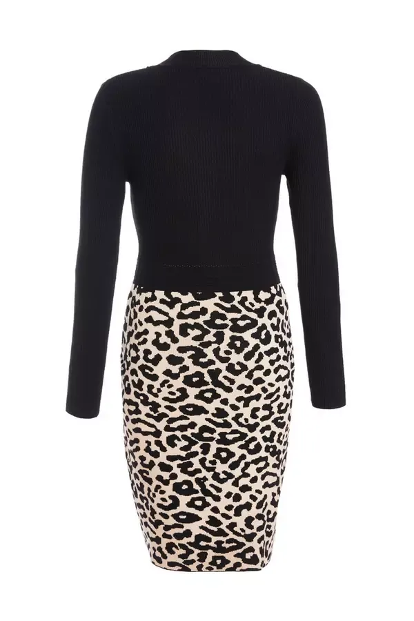 Women Black Knit Leopard Print Jumper Dress Quiz Clothing Casual Clothing