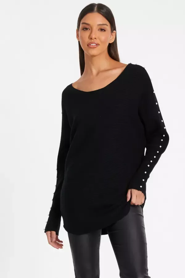 Women Black Knitted Beaded Batwing Jumper Quiz Clothing Jumpers