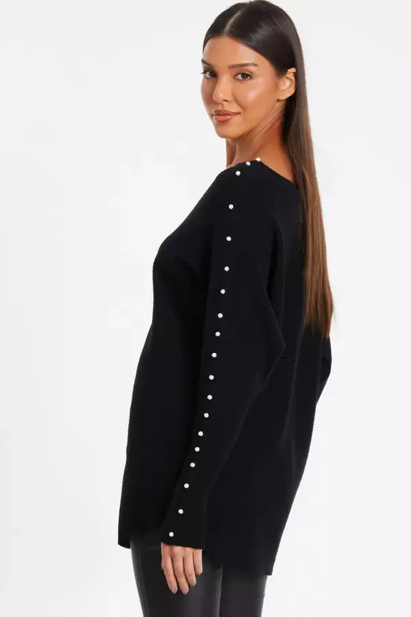 Women Black Knitted Beaded Batwing Jumper Quiz Clothing Jumpers