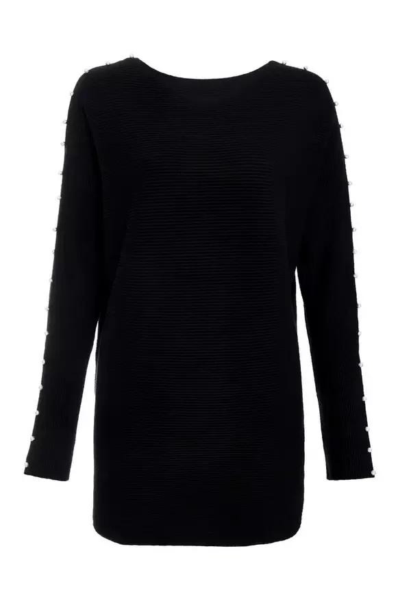 Women Black Knitted Beaded Batwing Jumper Quiz Clothing Jumpers