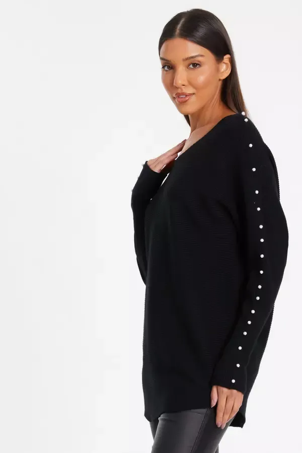 Women Black Knitted Beaded Batwing Jumper Quiz Clothing Jumpers