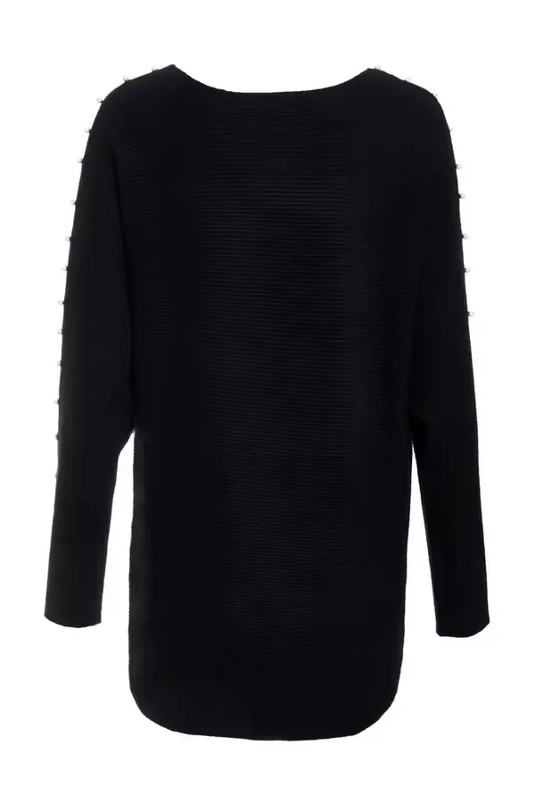 Women Black Knitted Beaded Batwing Jumper Quiz Clothing Jumpers