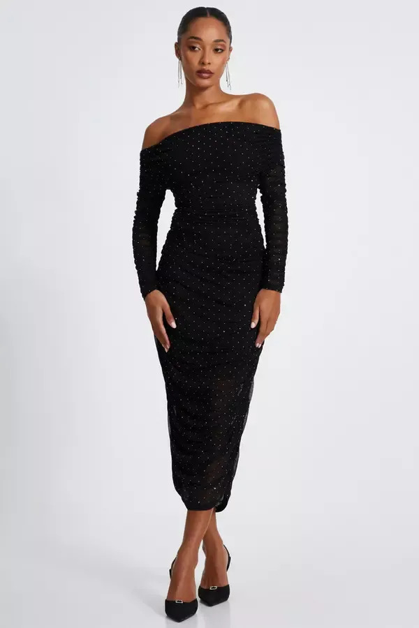 Women Black Mesh Bardot Midaxi Dress Quiz Clothing Dresses