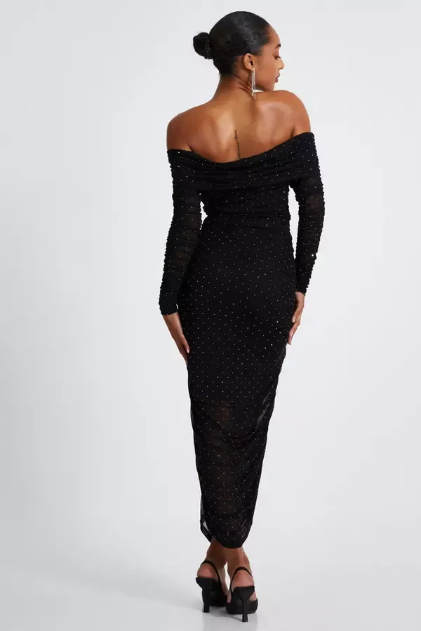 Women Black Mesh Bardot Midaxi Dress Quiz Clothing Dresses