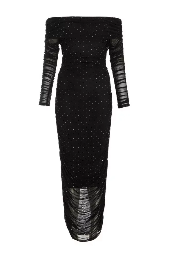 Women Black Mesh Bardot Midaxi Dress Quiz Clothing Dresses