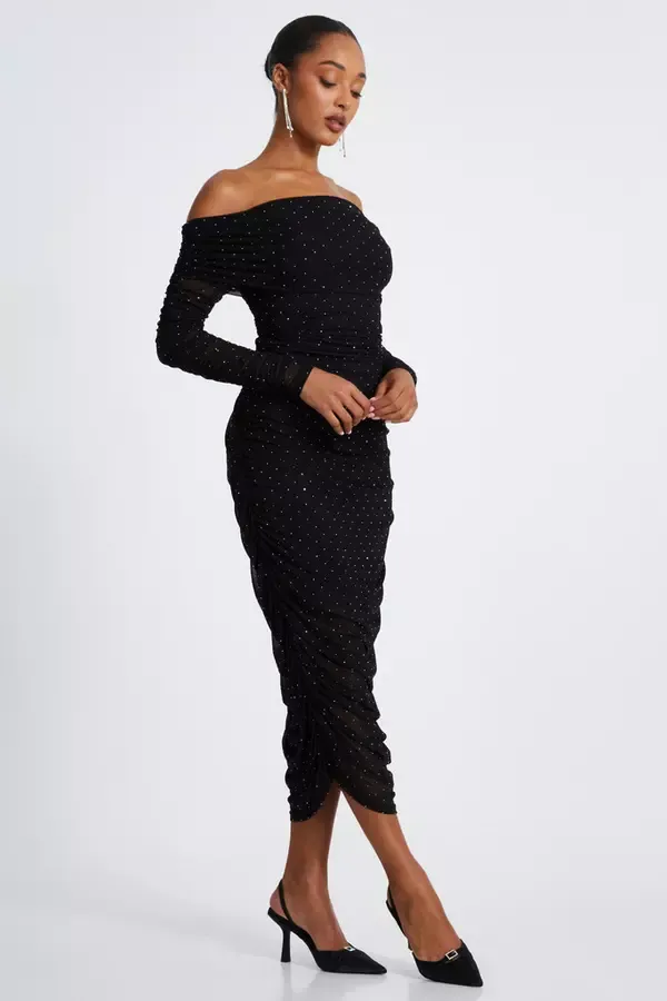 Women Black Mesh Bardot Midaxi Dress Quiz Clothing Dresses