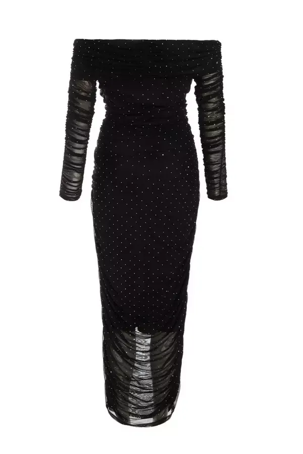 Women Black Mesh Bardot Midaxi Dress Quiz Clothing Dresses